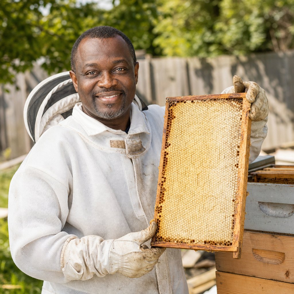 Six hives, 61 pounds. Every jar is a clinic visit in Kumasi.